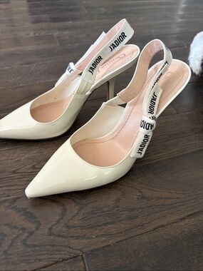 Dior Cream Patent Leather Slingback Pumps with J'ADIOR Strap